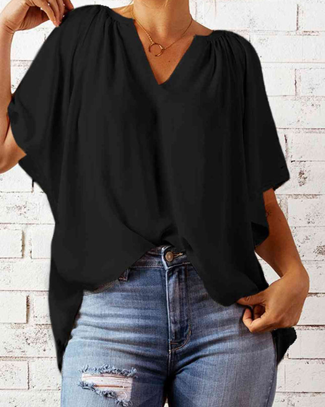 Gathered Detail Notched Neck Flutter Sleeve Top