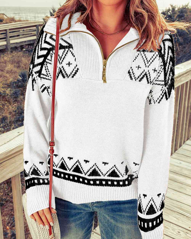 Zip-Up Mock Neck Dropped Shoulder Pullover Sweater