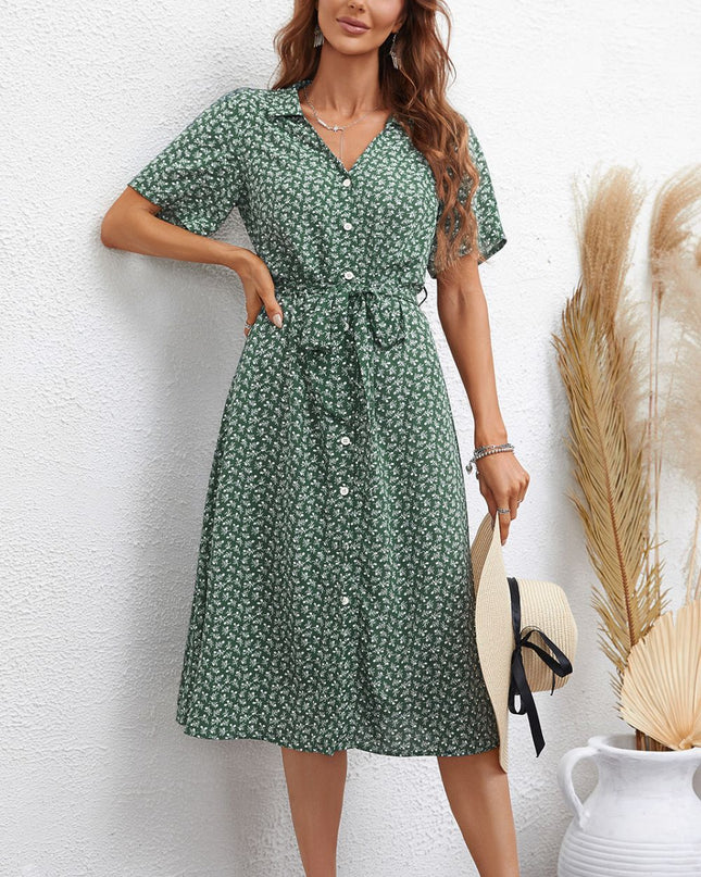 Printed Johnny Collar Tie Waist Dress