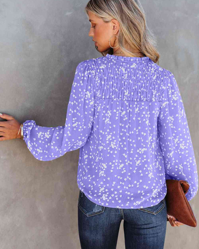 Double Take Printed Notched Neck Smocked Blouse
