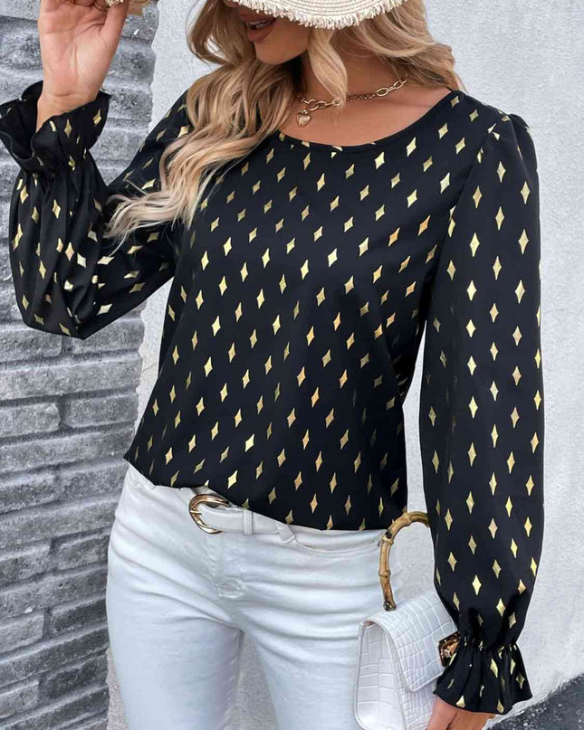 Double Take Printed Round Neck Flounce Sleeve Blouse