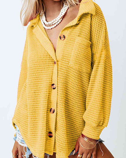 Waffle-Knit Button Up Long Sleeve Shirt with Pocket