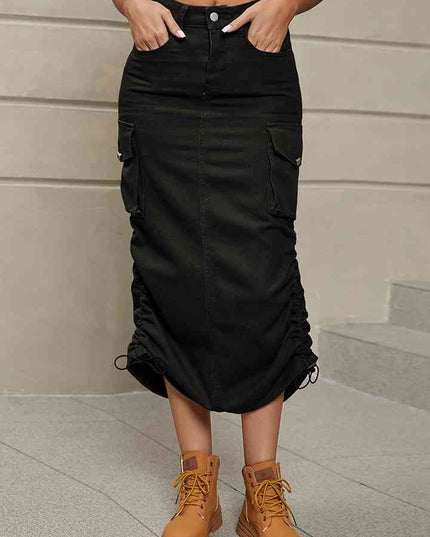 Drawstring Denim Skirt with Pockets