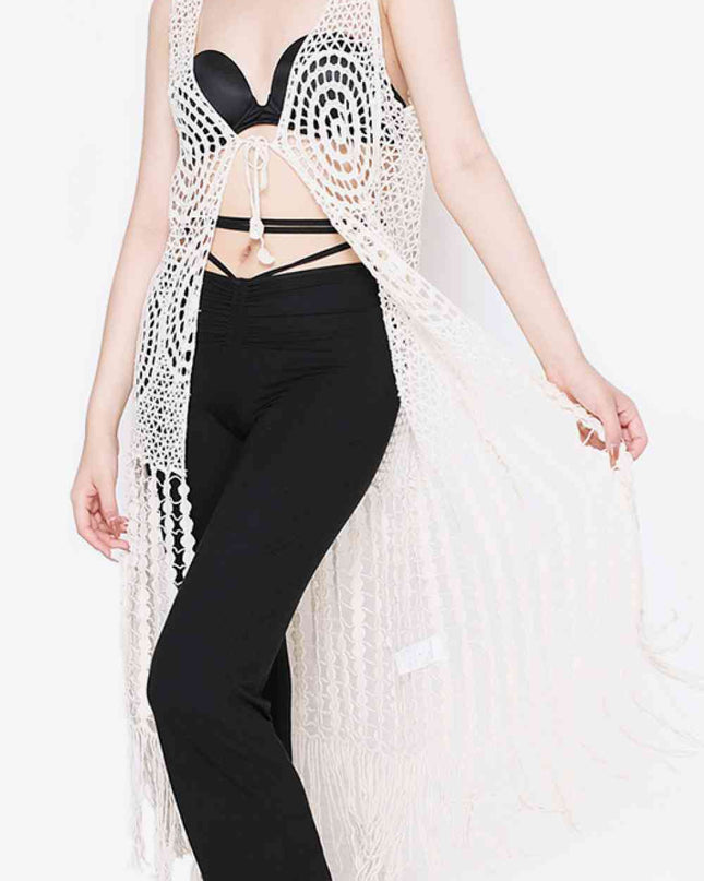 Tie Front Fringe Hem Sleeveless Cover Up