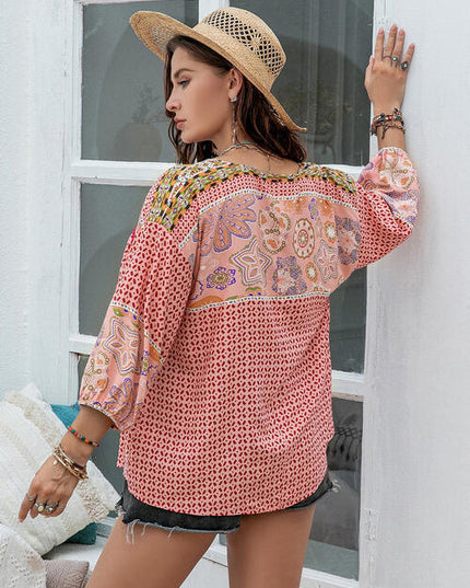 Plus Size Printed Tie Neck Balloon Sleeve Blouse