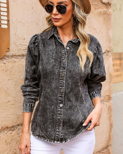 Button Up Collared Neck Denim Top