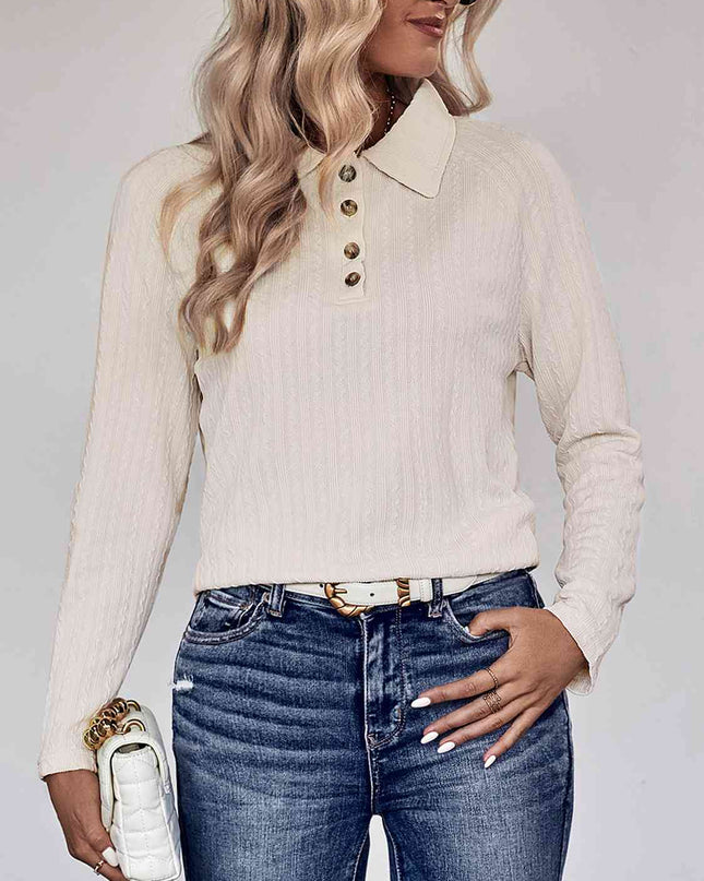 Collared Neck Buttoned Long Sleeve Top
