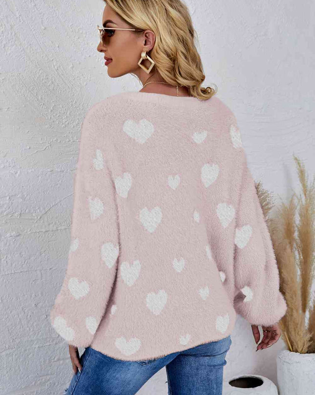 Woven Right Heart Print Fuzzy Crewneck Long Sleeve Sweater