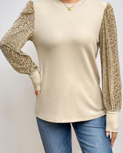 Leopard Print Long Sleeve Ribbed Knit Blouse