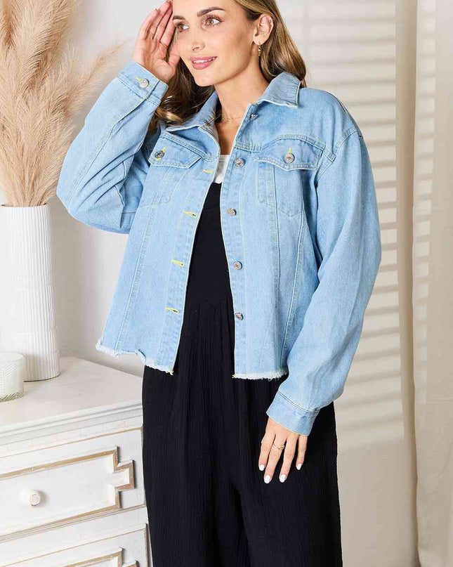 Double Take Dropped Shoulder Raw Hem Denim Jacket