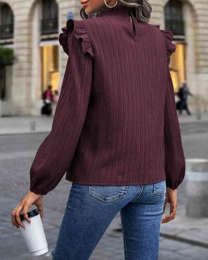 Mock Neck Ruffle Shoulder Blouse