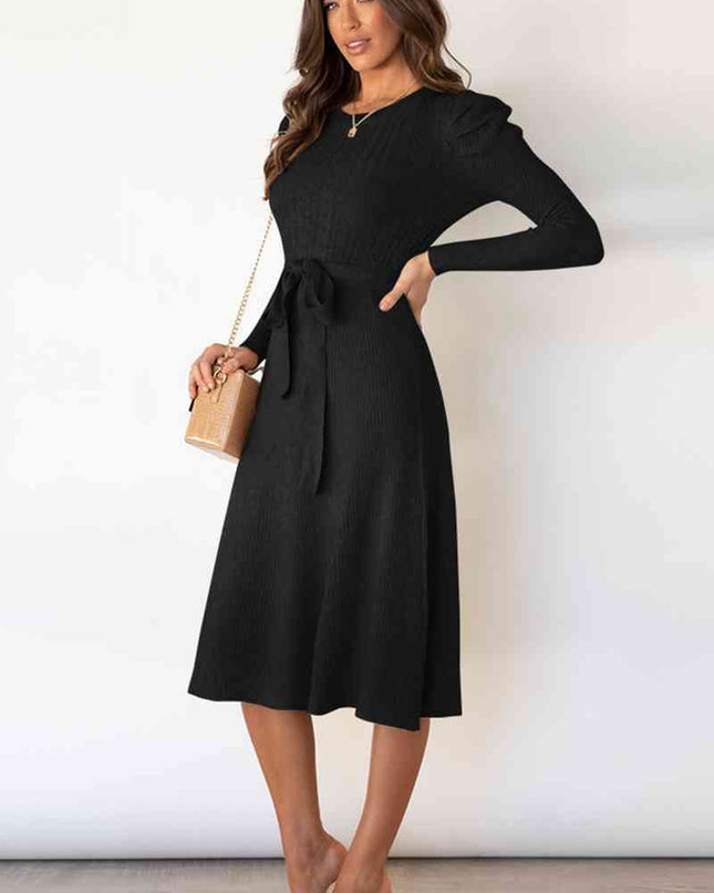 Round Neck Long Sleeve Tie Waist Sweater Dress