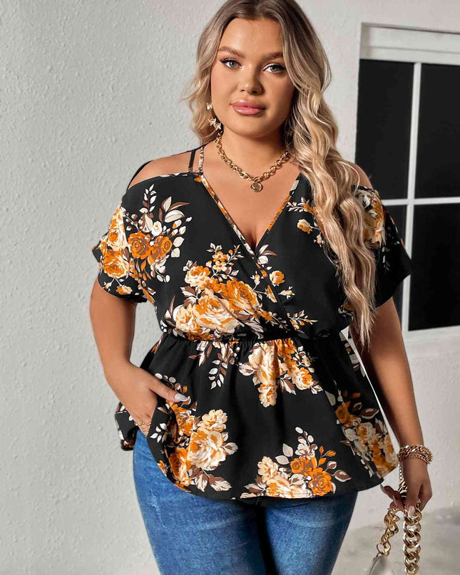 Plus Size Floral Print Cold Shoulder Surplice Neck Blouse