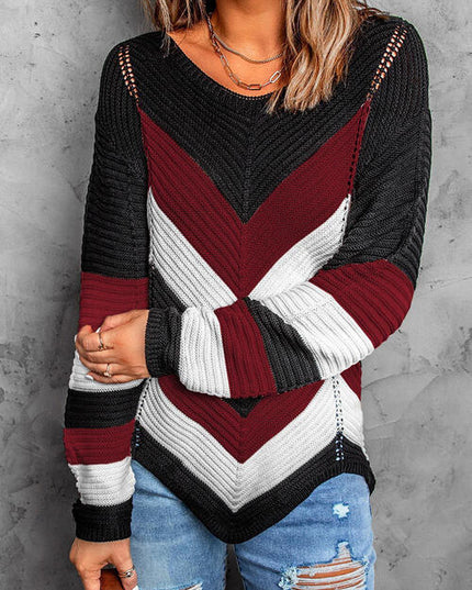 Eyelet Color Block Long Sleeve Sweater