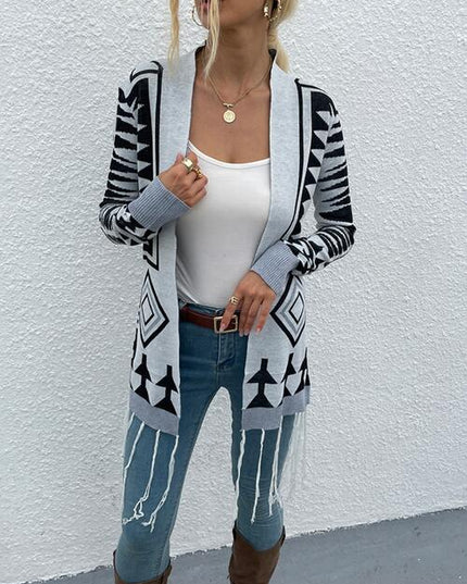 Geometric Fringe Hem Open Front Cardigan