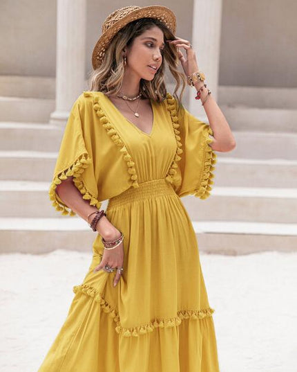 Tassel Trim Smocked V-Neck Short Sleeve Dress