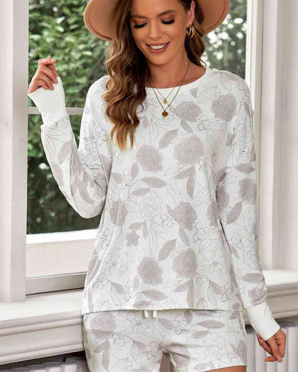 Floral Long Sleeve Top and Shorts Loungewear Set