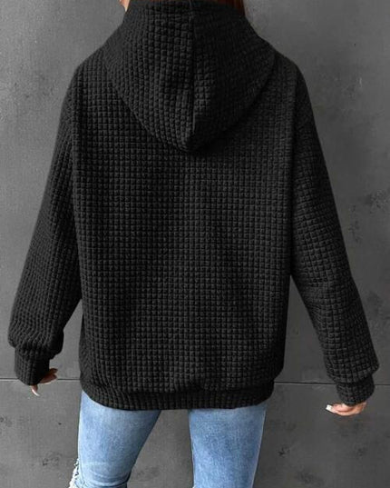 Full Size WHAT Graphic Waffle-Knit Long Sleeve Drawstring Hoodie