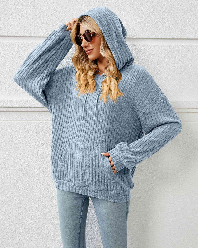 Drawstring Dropped Shoulder Ribbed Hoodie