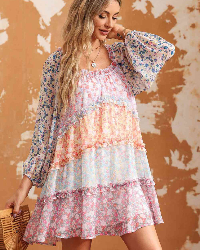 Floral Color Block Frill Trim Dress