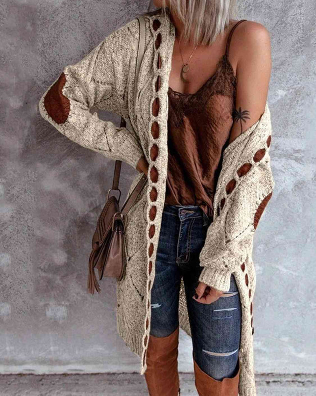 Openwork Long Sleeve Open Front Hooded Cardigan