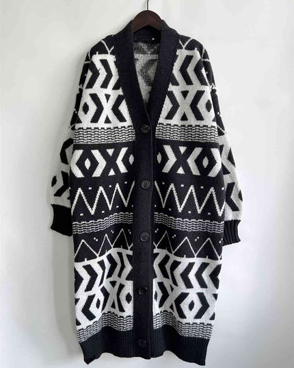 Geometric Button Front Longline Cardigan