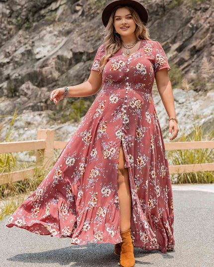 Plus Size Floral Slit Ruffle Hem Dress