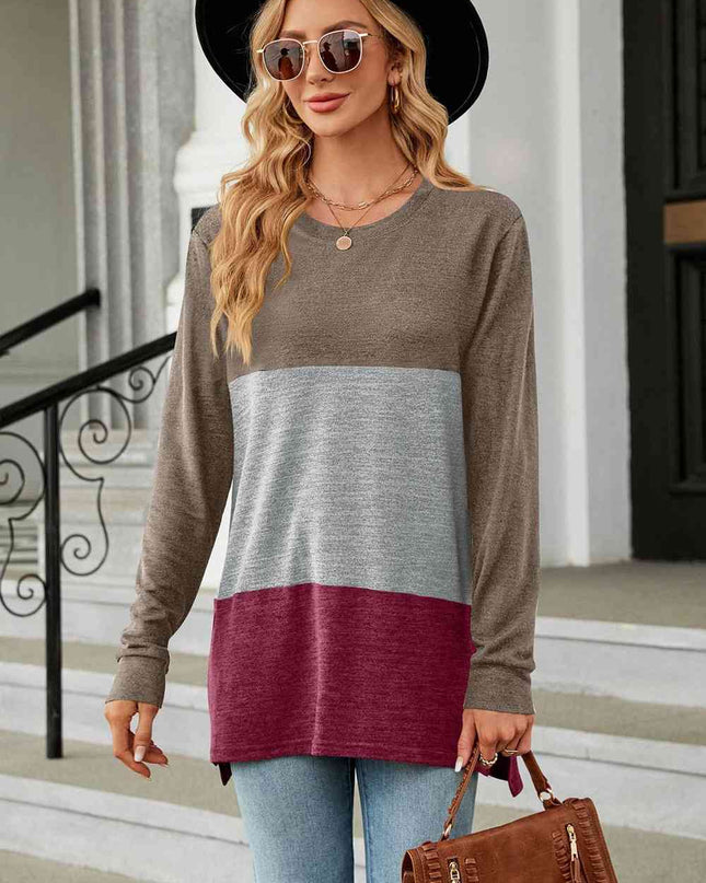 Color Block Round Neck Long Sleeve Slit T-Shirt