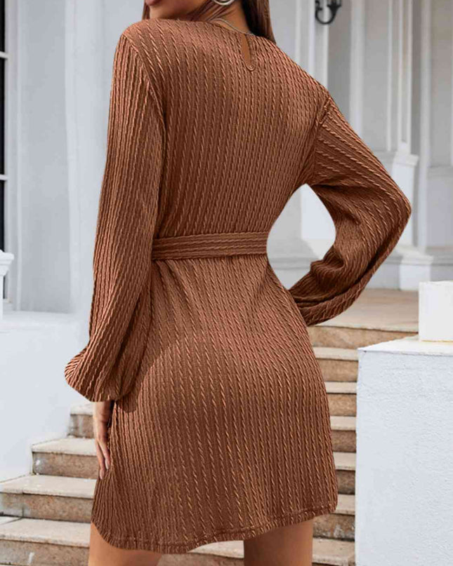 Round Neck Tie Front Long Sleeve Dress