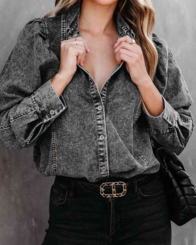 Collared Neck Buttoned Denim Shirt