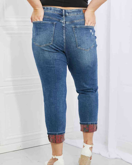 Judy Blue Gina Full Size Mid Rise Paisley Patch Cuff Boyfriend Jeans