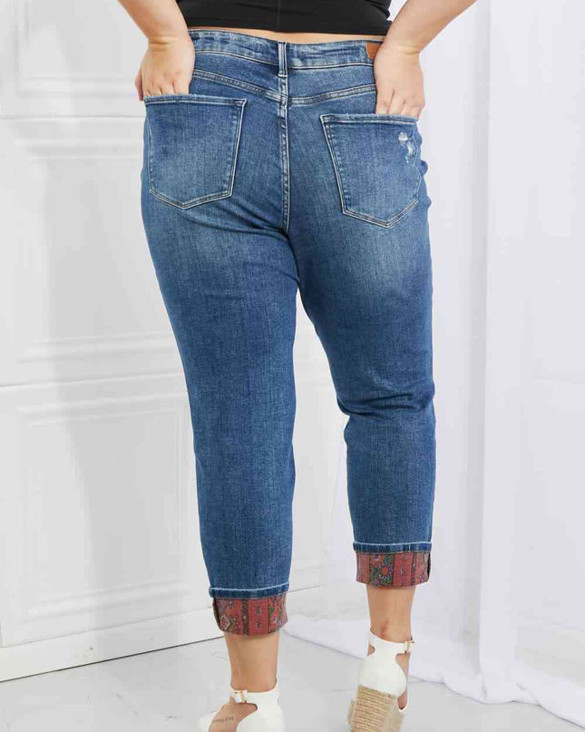 Judy Blue Gina Full Size Mid Rise Paisley Patch Cuff Boyfriend Jeans