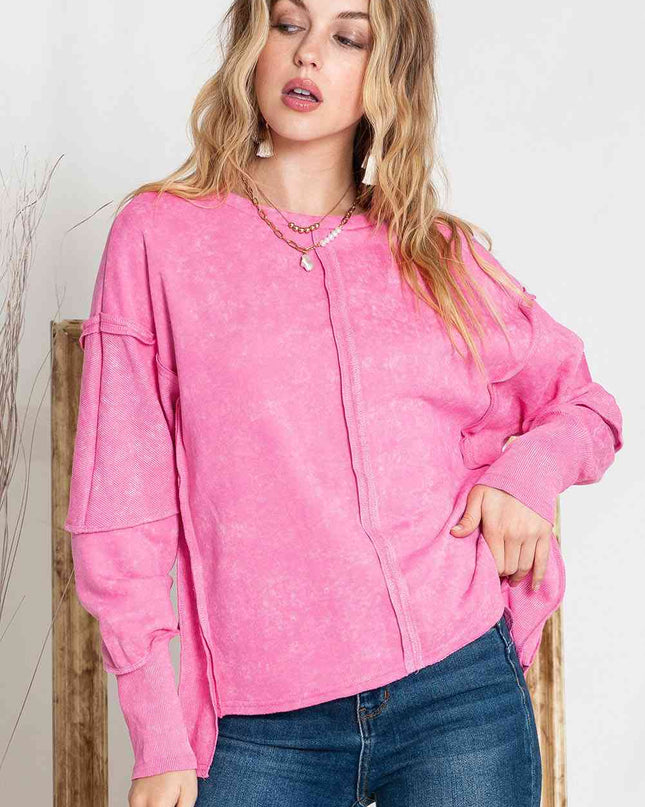 Full Size Exposed Seams Round Neck Dropped Shoulder Sweatshirt