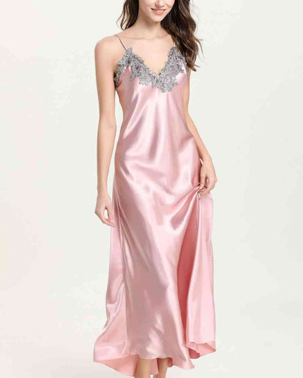 Full Size Lace Trim V-Neck Spaghetti Strap Satin Night Dress