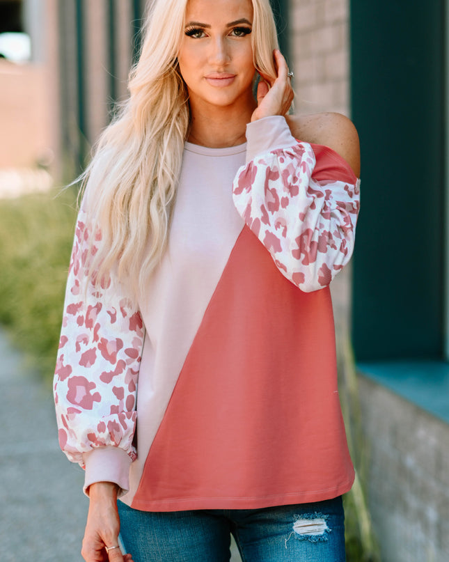 Leopard Color Block Cold-Shoulder Top