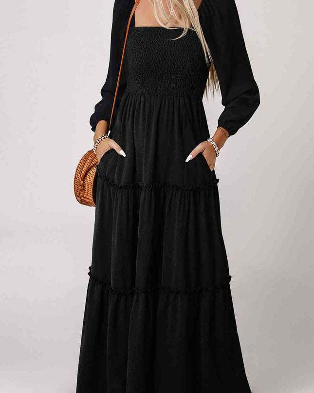 Square Neck Long Sleeve Tiered Dress