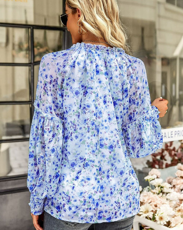 Floral Tie Neck Lantern Sleeve Blouse