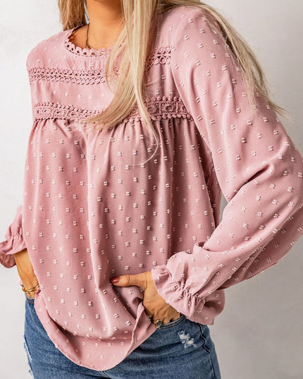 Swiss Dot Flounce Sleeve Button Detail Blouse