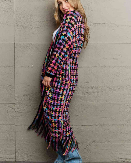 Multicolored Open Front Fringe Hem Cardigan