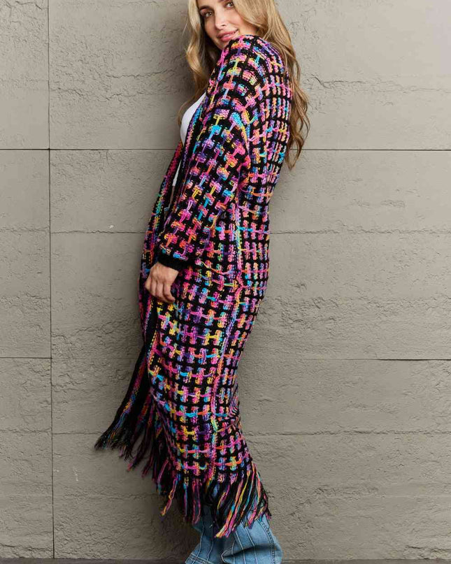 Multicolored Open Front Fringe Hem Cardigan
