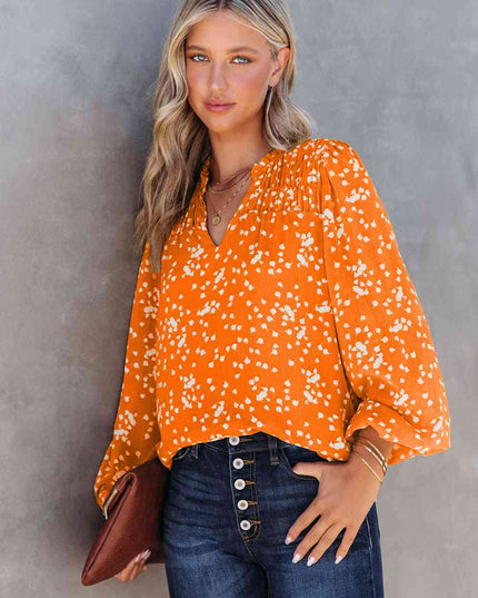 Double Take Printed Notched Neck Smocked Blouse