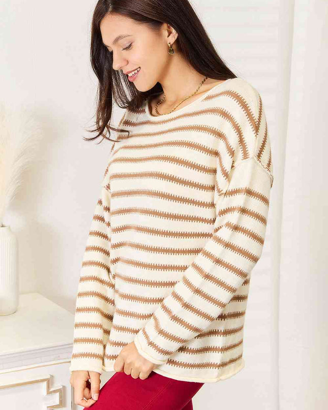 Double Take Striped Boat Neck Sweater