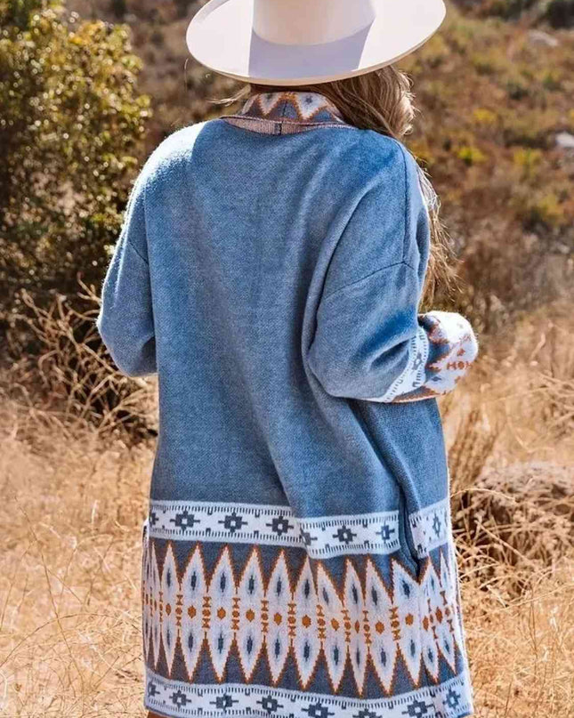 Plus Size Geometric  Open Front Cardigan with Pockets