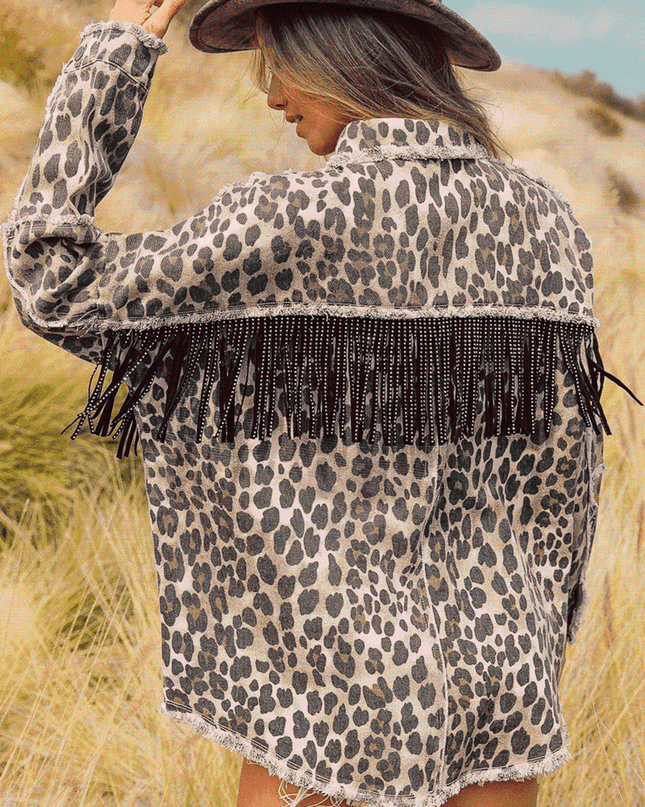 Leopard Fringe Detail Collared Neck Denim Jacket