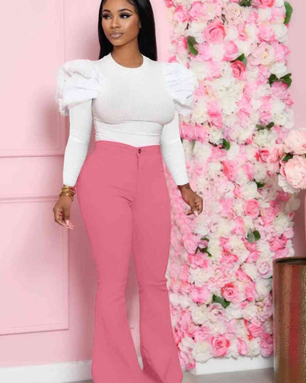 Leg-Of-Mutton Sleeve Top and Flare Pants Set