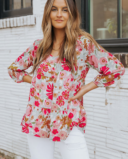 Floral V-Neck Tiered Babydoll Blouse