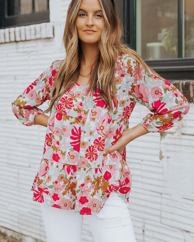 Floral V-Neck Tiered Babydoll Blouse