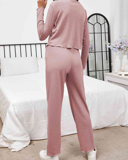 Button Front Long Sleeve Top and Pants Lounge Set