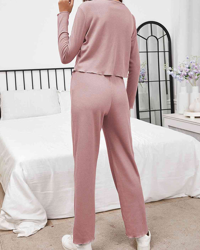 Button Front Long Sleeve Top and Pants Lounge Set