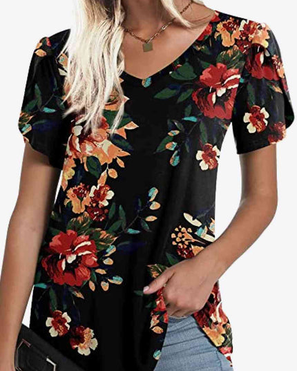 Printed Petal Sleeve V-Neck Blouse